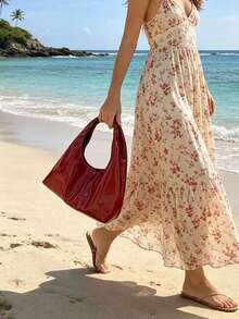 Women's Fashion Solid Color PU Leather Handbag, Versatile For Party, Street, Travel - Red - View 4
