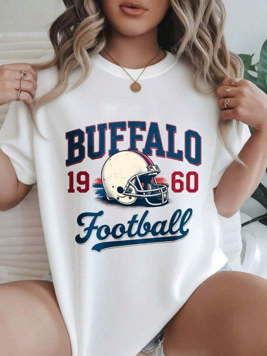 Women's Casual Short Sleeve T-Shirt - Buffalo 1960s Football Helmet Design, Crew Neck, Summer Top, Machine Washable, Ladies' T-Shirts, Casual Wear, Modern Style, Comfortable Fit
-White - 白色 - 查看 1