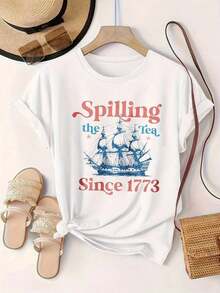 Spilling The Tea Since 1773 Camiseta Casual de Mujer con Estampado de Barco, Adecuada para Todas las Temporadas  
 -Blanco - Blanco - Ver 2
