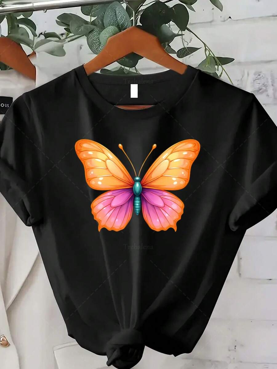 Women's Plus Size Classic T-Shirt With Butterfly Print - Casual Short Sleeve Crew Neck Top, Breathable For Spring And Autumn, Ideal For Spring And Summer Outfits, Perfect Gift For Thanksgiving, Christmas And New Year (Comfortable T-Shirt For Everyday Wear) Best Seller - 黑色 - 查看 1