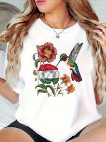 Nueva Colección Verano 2026: Camiseta Casual de Manga Corta y Cuello Redondo para Mujer con Estampado Artístico de Colibrí y Flores de Estilo Húngaro, Ideal para Primavera y Verano, Perfecta para Estilo Diario y Salidas, 100% Algodón, Talla Grande, Adecuada para Salir y Uso Diario en la Calle. - Blanco - Ver 1