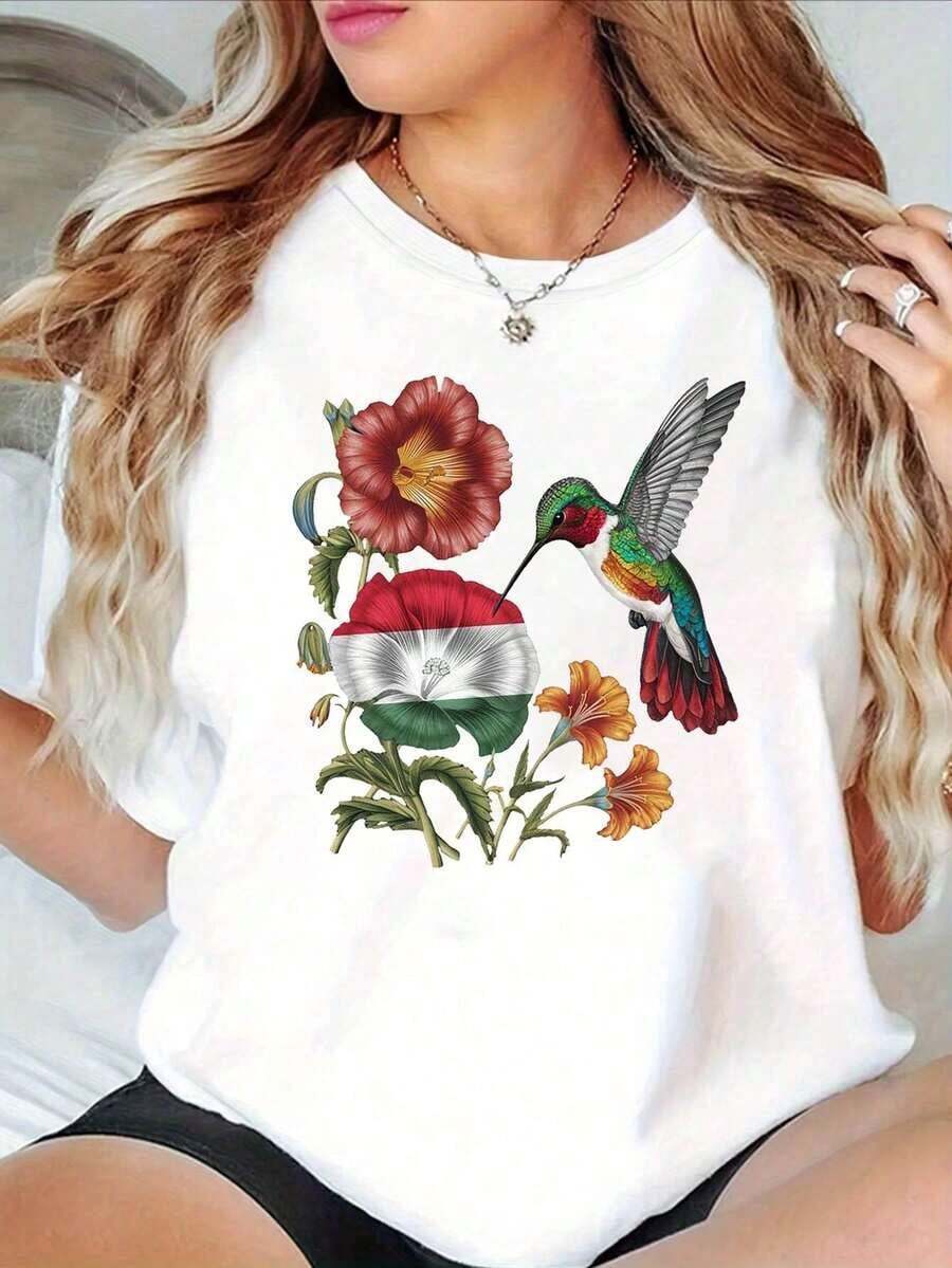 Nueva Colección Verano 2026: Camiseta Casual de Manga Corta y Cuello Redondo para Mujer con Estampado Artístico de Colibrí y Flores de Estilo Húngaro, Ideal para Primavera y Verano, Perfecta para Estilo Diario y Salidas, 100% Algodón, Talla Grande, Adecuada para Salir y Uso Diario en la Calle. - Blanco - Ver 1