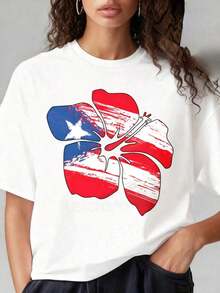 Camisetas de manga corta para mujer, cuello redondo, 100% algodón, estilo casual, con estampado de la bandera de Puerto Rico y flor de hibisco, camiseta negra de manga corta con diseño patriótico puertorriqueño, adecuada para fiestas de Navidad, actividades deportivas, fiestas de vacaciones, salidas, deportes y otros regalos festivos. - Blanco - Ver 4