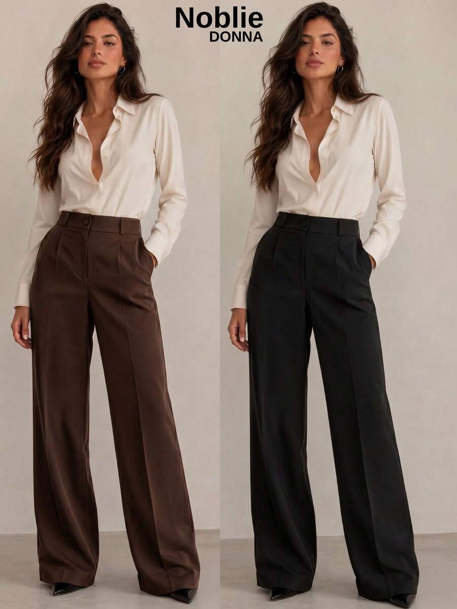 Set Of 2 Tailored Wide Leg High-Waisted Palazzo Pants, Elegant, With Front Button - 1 BLACK 1 COFFEE - View 1