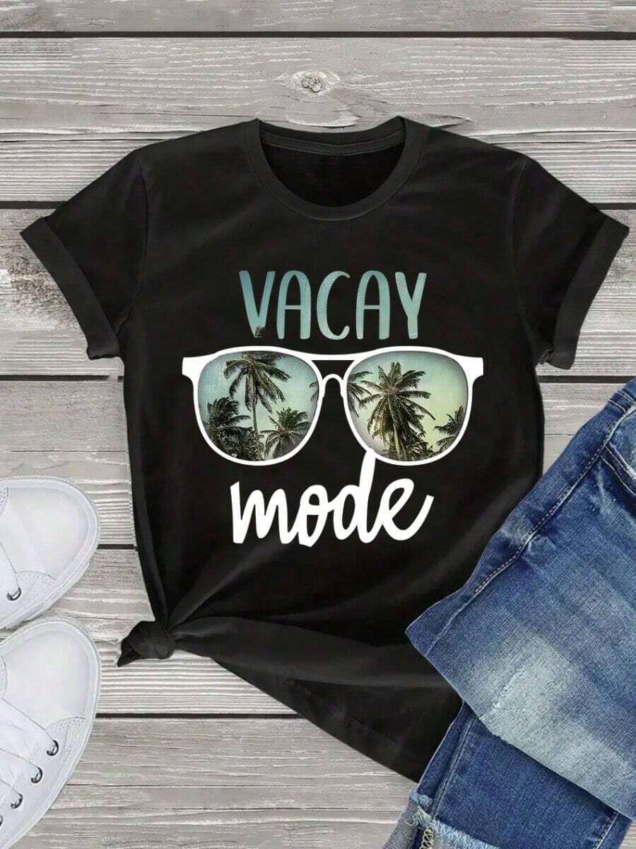Women's Casual T-Shirt, Stylish And Printed, Comfortable, Fashionable, Short Sleeve And Round Neck, For Everyday Wear, 100% Cotton, Durable - 黑色 - 查看 1