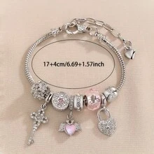 1件装奢华小众优雅串珠手链，饰有翅膀、心形和锁形吊坠，搭配粉色水晶蛇形链，百搭日常佩戴饰品礼品 - 愛心鑰匙手鍊 - 查看 5