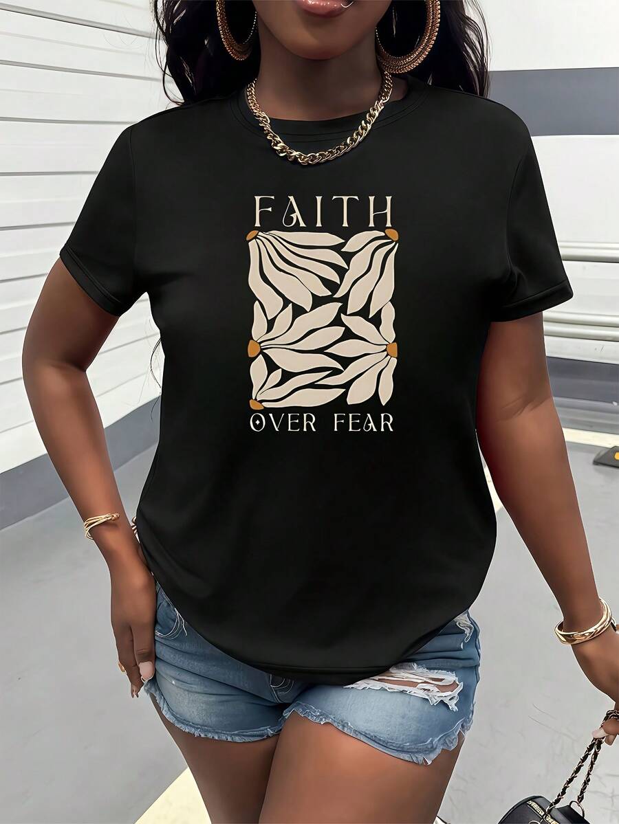 1 camiseta estampada con la frase "Faith Over Fear", de manga corta y cuello redondo, ropa de mujer, estilo simple y artístico, versátil y a la moda, adecuada para uso diario casual, fiestas, viajes, vacaciones, regalo de cumpleaños, 100% algodón. ropa de calor mujer - Negro - Ver 1