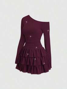 Vestido largo de manga larga con hombro asimétrico, volantes y tela con brillo, elegante y sexy para fiesta, otoño/invierno - Rojo - Ver 12
