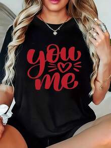 Women's Plus Size 100% Cotton T-Shirt With "You Love Me" Heart Print - Black With Red Lettering, 180g, Soft Crew Neck, Short Sleeve, Comfortable For All Seasons, Suitable For Casual Wear And Special Occasions, Machine Washable, Casual Heart Decorative Design - Everyday T-Shirts. - 黑色 - 查看 1