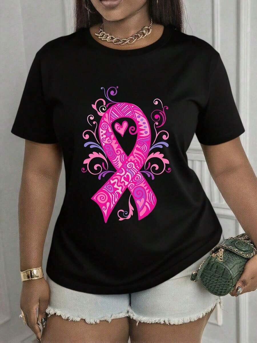 Camiseta de concientización sobre el cáncer de mama para mujeres, talla grande, con estampado de Halloween "En octubre usamos rosa", camisetas sobre el cáncer de mama para mujeres, camiseta de lucha contra el cáncer con lazo rosa, camiseta "Love Hope Survivor", camiseta "Más fuerte que el cáncer", tela de alta calidad, lavable a máquina, camiseta holgada, casual y versátil, estilo Y2k. - Negro - Ver 1