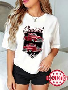 Camiseta de manga corta con cuello redondo y estampado para dama, verano casual Caminando Camión Rojo 64 S-3XL 100% aodón material transpirable - Blanco - Ver 2