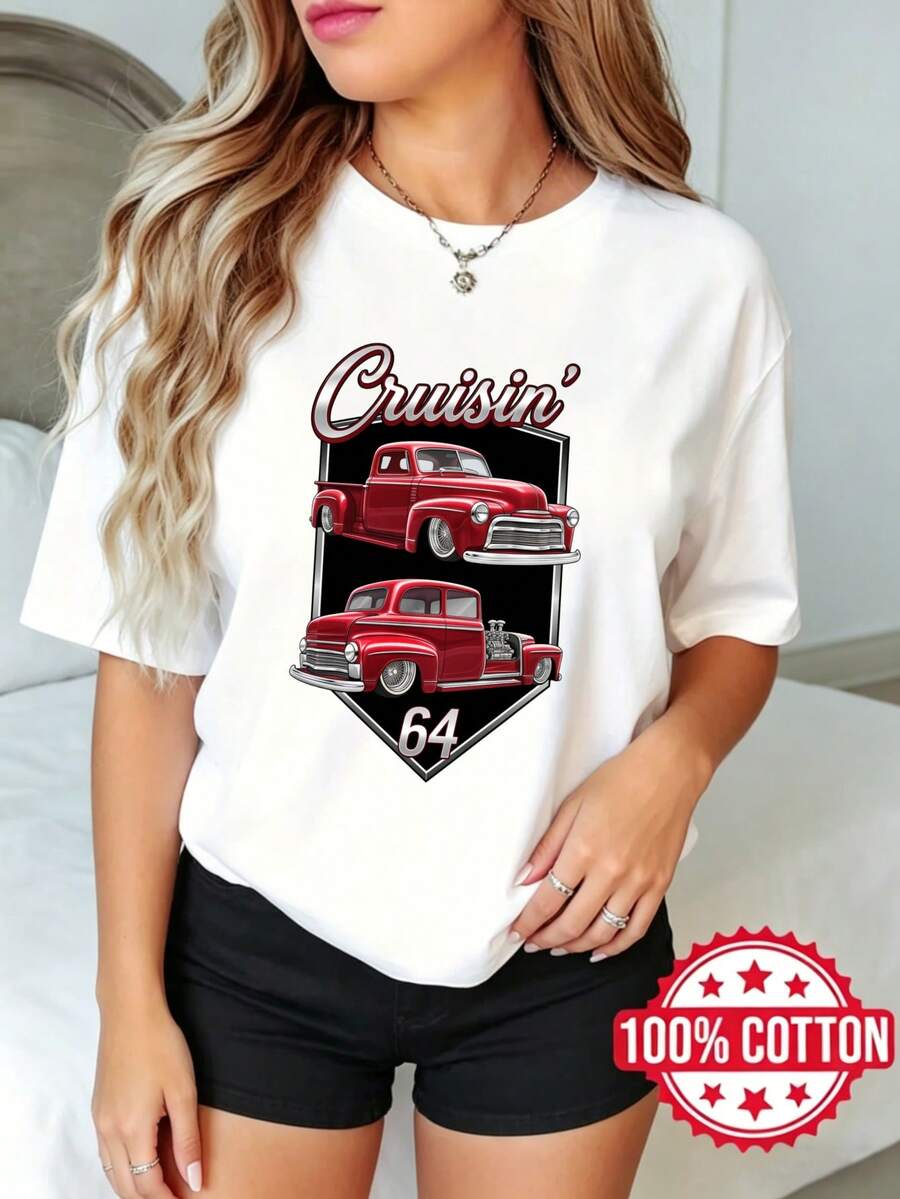 Camiseta de manga corta con cuello redondo y estampado para dama, verano casual Caminando Camión Rojo 64 S-3XL 100% aodón material transpirable