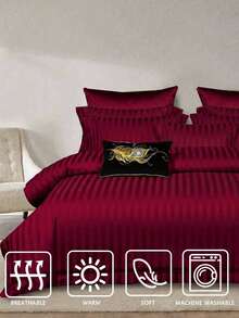 3 piezas Juego de Edredón a Rayas de Satén Rojo, Incluye 1 Edredón y 2 Fundas de Almohada, Microfibra Suave, Unisex - Burdeos - Ver 6