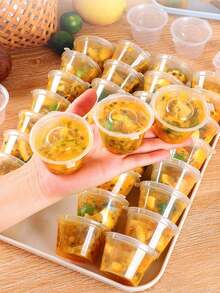 50 piezas/Paquete Tazas desechables pequeñas para salsa, adecuadas para embalaje para llevar, contenedores redondos transparentes para condimentos, vinagre con tapas, cajas de plástico de una sola pieza para salsa de soja - Multicolor - Ver 2