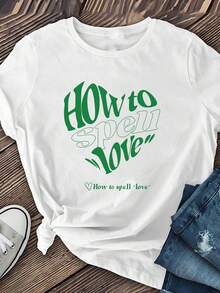 Classic T-Shirt With "How To Spell Love Heart" Typographic Print, Casual Short Sleeve, Women's Summer Clothing, Regular Length, Suitable For The Office, Work Outfits, Best-Selling Basic Garment. - 白色 - 查看 6