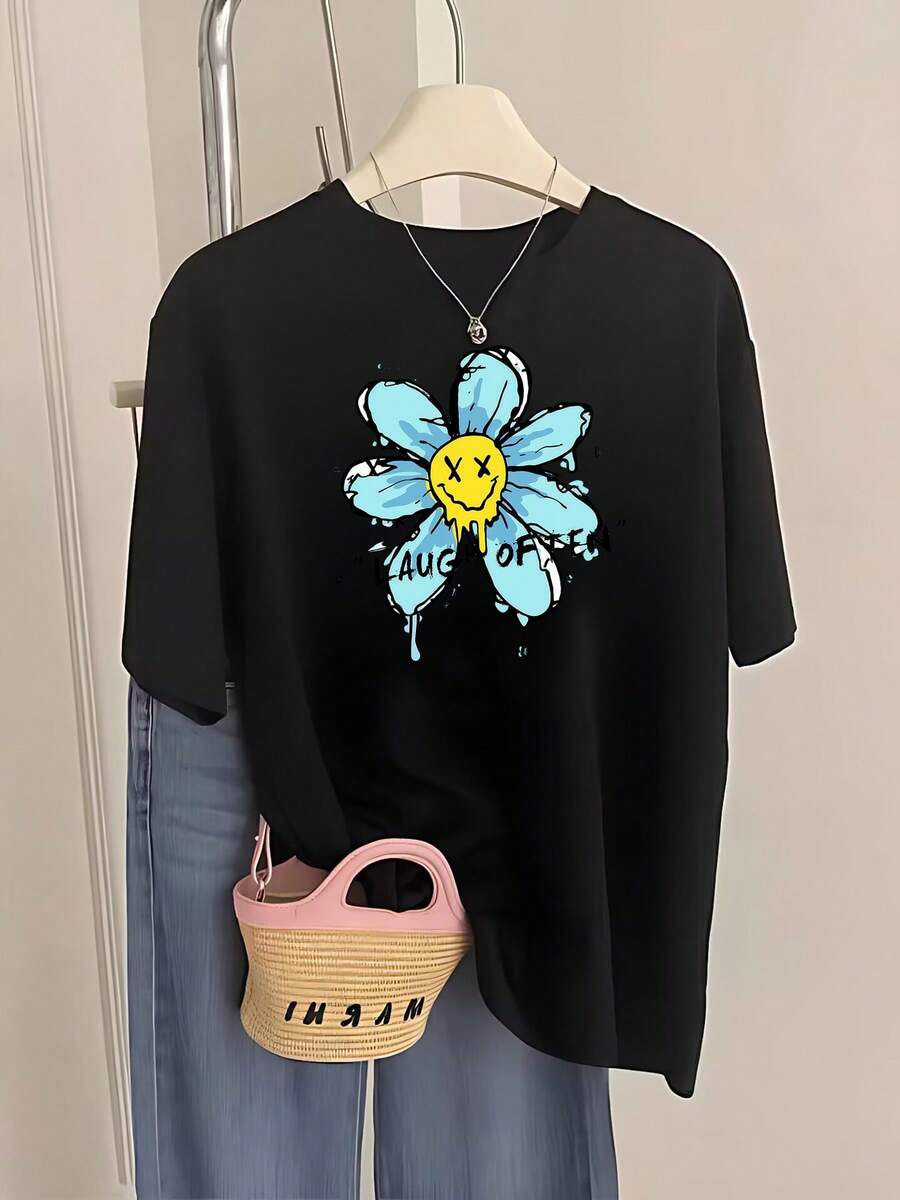 Camiseta blanca de mujer con estampado floral azul y la frase "Laughter, Now Tears" - Camiseta de verano de manga corta y cuello redondo, suave, de elasticidad media, adecuada para uso casual, fitness, fiestas y uso diario, lavable a máquina, transpirable y versátil - Camiseta unisex de algodón de manga corta y cuello redondo estilo vintage urbano. blusas.blusas casuales para dama. - Negro - Ver 1