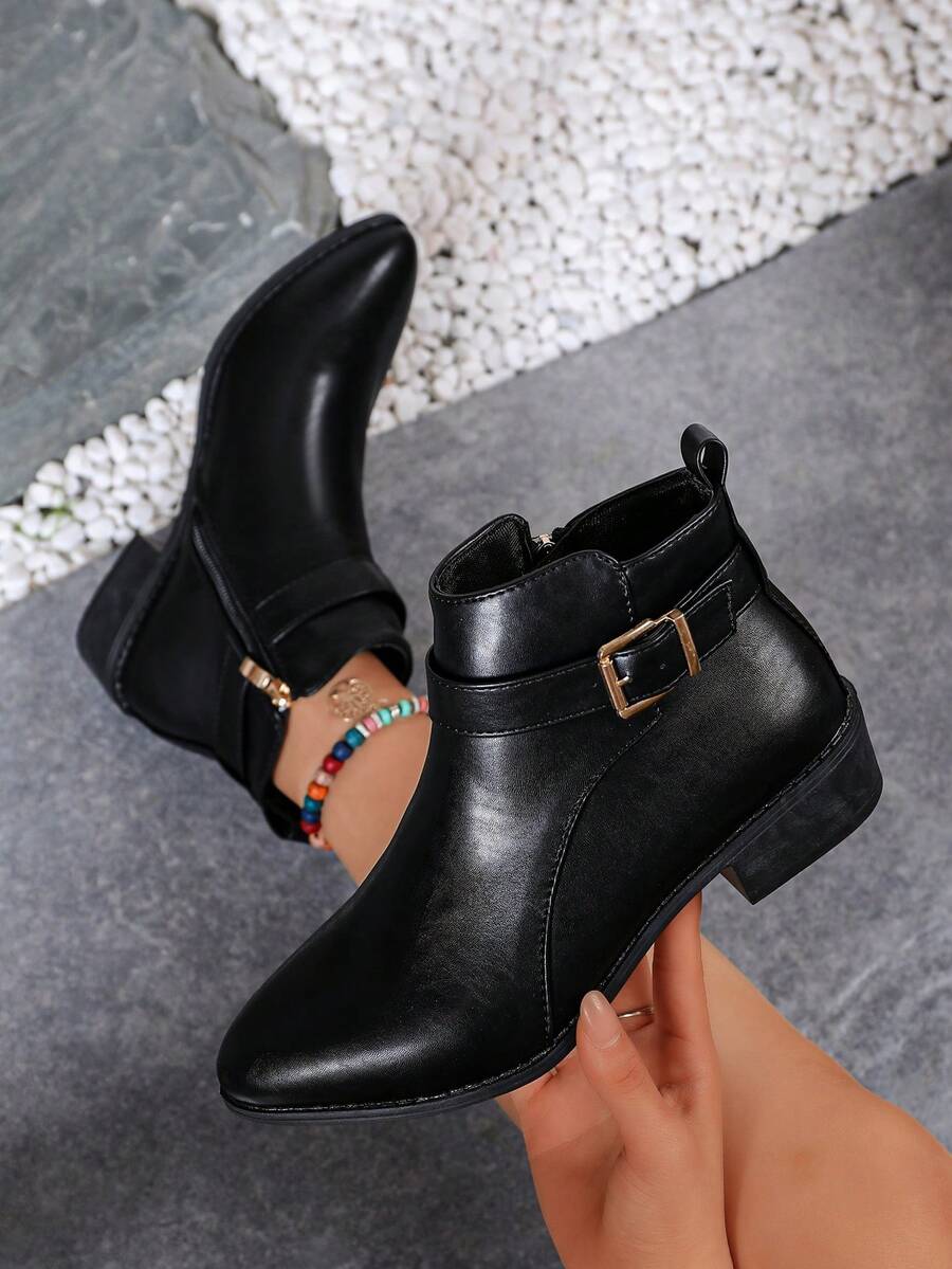 Women's Black Metal Buckle Low Heel Round Toe Chelsea Boots Ankle Boots Autumn Winter - Black - View 1