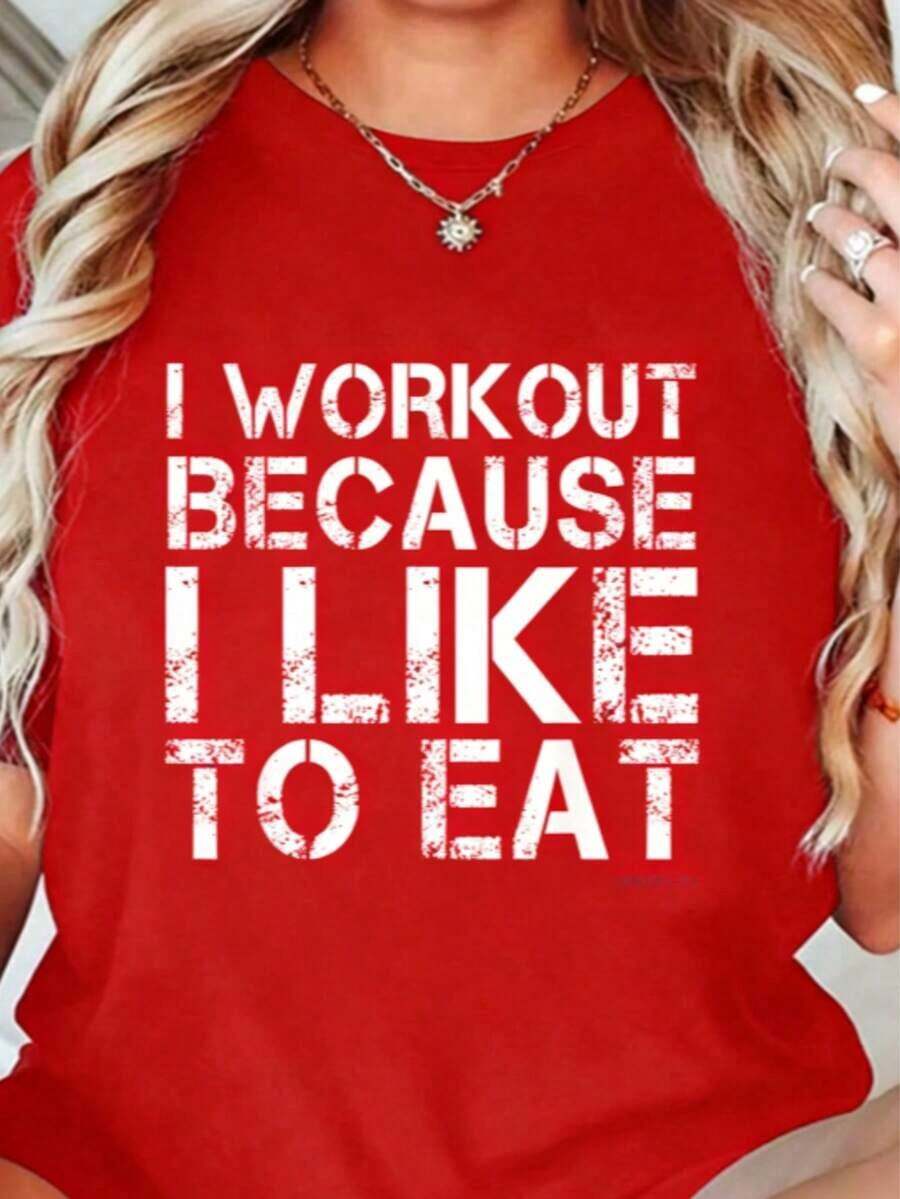T-Shirt: I Work Because I Like To Eat, Funny Gym T-Shirts, Loose And Comfortable, Minimalist Casual T-Shirt, Loungewear T-Shirt, Women's T-Shirts - 紅色 - 查看 1