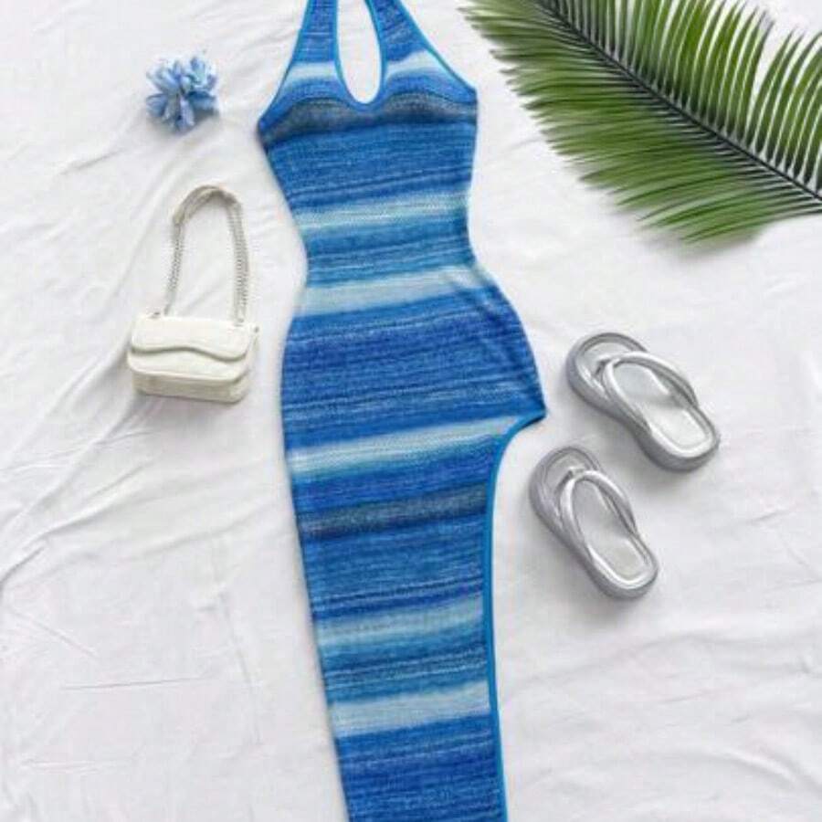 WYWH Colorful Ombre Halter Neck High Slit Romantic Casual Vacation Dress For Women,Summer Dresses For Women,Pastel Dresses For Women - Azul - Ver 1