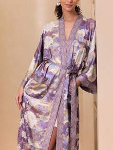 Bohemian Fashion Floral Print Mid-Length Kimono Cover Up Thin Jacket Women's Festival Elegant Casual Party Cover-Up Beach Sand Travel Vacation Cape Hem Slit Pockets Home Bathrobe Tie-Up Robe Middle Eastern Long Robe - Purple - View 2