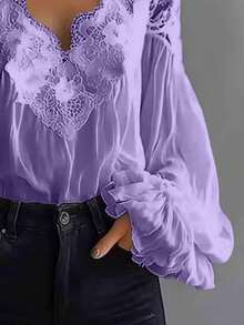 Plus Size Women's Lace Trim V-Neck Blouse, Long Sleeve Ruffle Cuff Chiffon Top - 紫色 - 查看 3