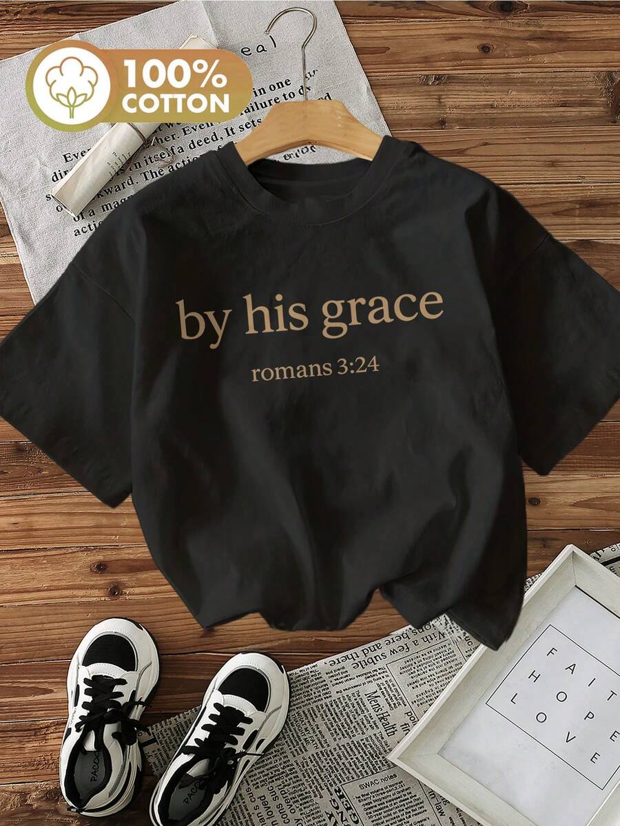 Women's Summer Top. Minimalist Style From His Grace Romans 3, Short-Sleeved T-Shirt With A Round Neck, Printed, Made Of Pure Cotton. Relaxing And Comfortable. - 黑色 - 查看 1