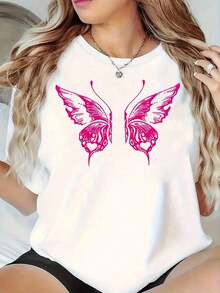 Nueva Camiseta de Mujer 2026, Paquete Individual de 1 Pieza, Camiseta de Cuello Redondo para Mujer Verano 2026, Estampado de Mariposa Rosa a, Elegante y Única, Productoás Vendido. Camisetas para Mujer - Blanco - Ver 1