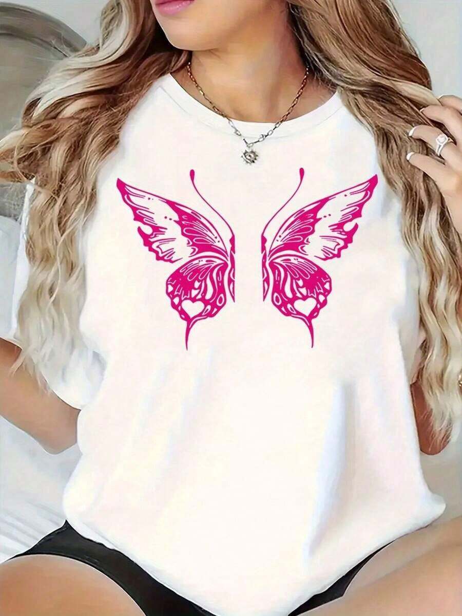 Nueva Camiseta de Mujer 2026, Paquete Individual de 1 Pieza, Camiseta de Cuello Redondo para Mujer Verano 2026, Estampado de Mariposa Rosa a, Elegante y Única, Productoás Vendido. Camisetas para Mujer - Blanco - Ver 1