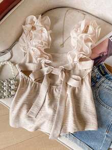 Frenchy Camiseta de tirantes de mujer con volantes de unicolor y parches, con detalle de nudo en la espalda - Albaricoque - Ver 1