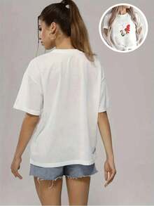 1 Piece Of Women's Blouse, Beautiful Blouses For Women, Women's Clothing Sets, High-Quality Black And White  T-Shirt With Skull And Eagle Print, Round Neck, Basic Loose Fit, Breathable, Versatile, Machine Washable, Comfortable, Size S-3XL, Essential For Daily, Casual And Sporty Summer Wear. - 白色 - 查看 5