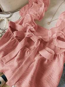 Frenchy Camiseta de tirantes de mujer con volantes de unicolor y parches, con detalle de nudo en la espalda - Rosa vieja - Ver 3