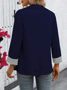 Clasi Chaqueta ligera de estilo casual de negocios para mujer, con cuello de solapa, apta para el lugar de trabajo, de unicolor, para primavera/otoño - Azul marino - Ver 2