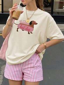 |   100% Algodón Puro y Transpirable |   Camiseta de mujer de verano blusa oversize de manga corta con estampado perro salchicha ideal para el tiempo  las vacaciones en la playawinter clothes for women,-Summer Unisex OutfitPure-Cotton - Albaricoque - Ver 5