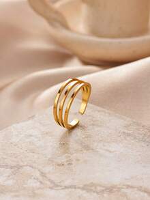 1 pièce Bague minimaliste multicouche ouverte pour femmes, plaqué or 18 carats en acier inoxydable, bague géométrique esthétique, cadeau de bijoux de mariage - Multicolore - Voir 3