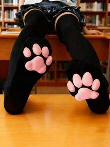 Cat Paw Design Thigh High Socks, Cute Soft 3D Toe Beads Socks Set, Cat Paw Pad Socks, Suitable For Women, Girls, Cosplay - Black - View 8