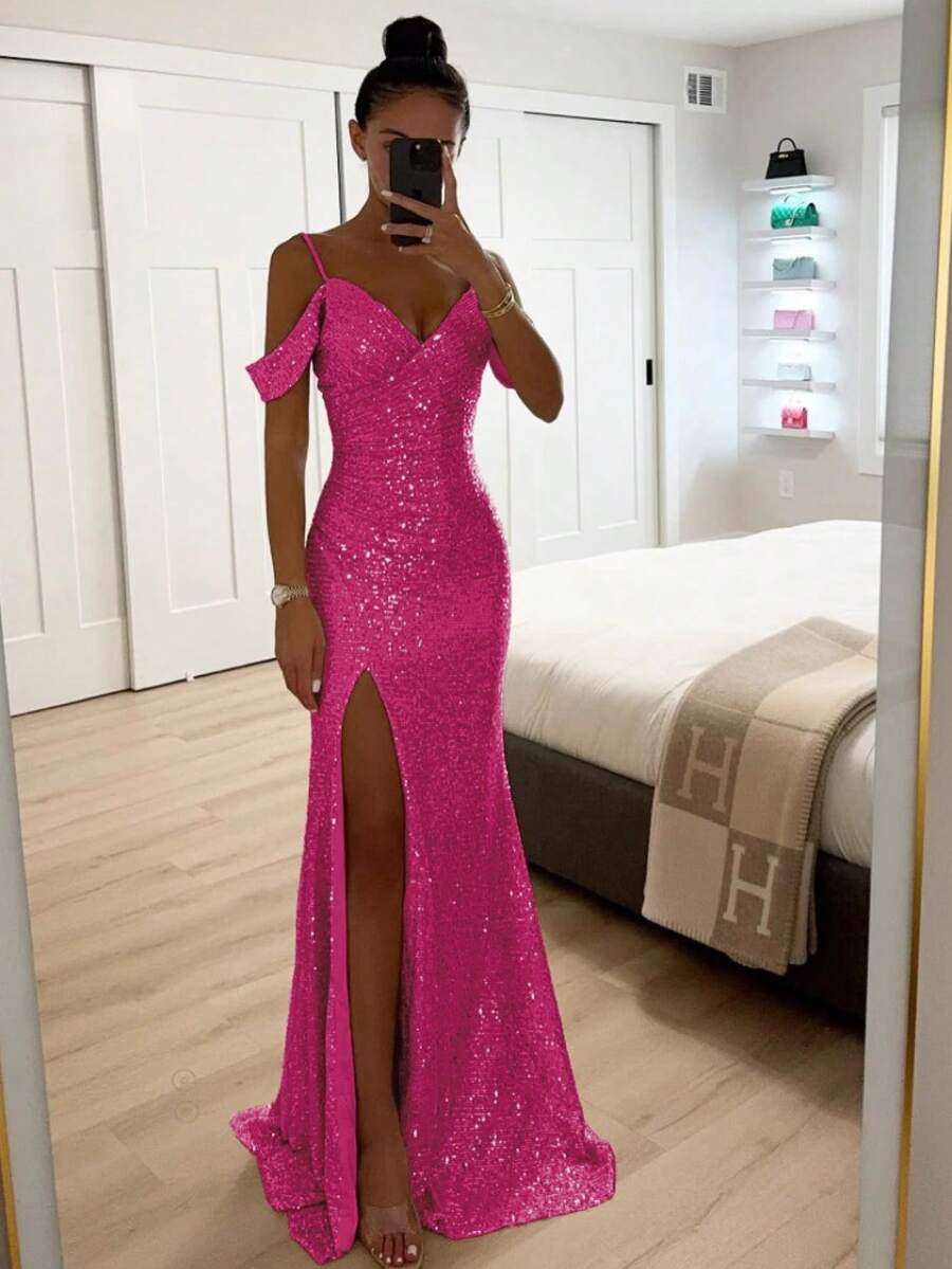 Strapless Sequined Dress With Open Cut, Casual Style For Spring And Autumn - Hot Pink - View 1