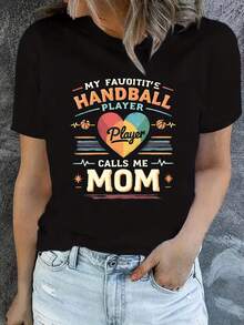 Talla Grande - Talla Grande - Camiseta Gráfica Drtida de Balonmano para Mujer de Talla Grande | Eslogan "Mi Jugador de Balonmano Favorito Me Llama Mamá" con Diseño de Corazón y Patrón Geométrico, Top Casual Suave y Transpirable de Manga Corta y Cuello Redondo parrimavera Verano, Regalo para Madres - Negro - Ver 2