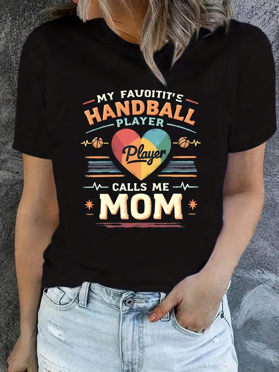 Talla Grande - Talla Grande - Camiseta Gráfica Drtida de Balonmano para Mujer de Talla Grande | Eslogan "Mi Jugador de Balonmano Favorito Me Llama Mamá" con Diseño de Corazón y Patrón Geométrico, Top Casual Suave y Transpirable de Manga Corta y Cuello Redondo parrimavera Verano, Regalo para Madres