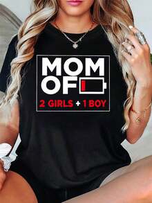 Plus Size, Drtida Life - Mom Of 2 + 1 Style Printed T-Shirt, Short Sleeve Round Neck Casual Top For Summer And Spring, Women's Clothing - 黑色 - 查看 1