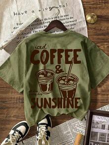 Camiseta gráfica COFFEE CLUB, camiseta casual de manga corta con cuello redondo para mujer, adecuada para verano, vacaciones, playa rosa. - Verde militar - Ver 2