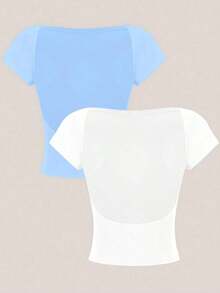 2 piezas Camiseta corta de cuello redondo y espalda descubierta de manga corta, ajustada para mujer, de verano - Multicolor 12 - Ver 9