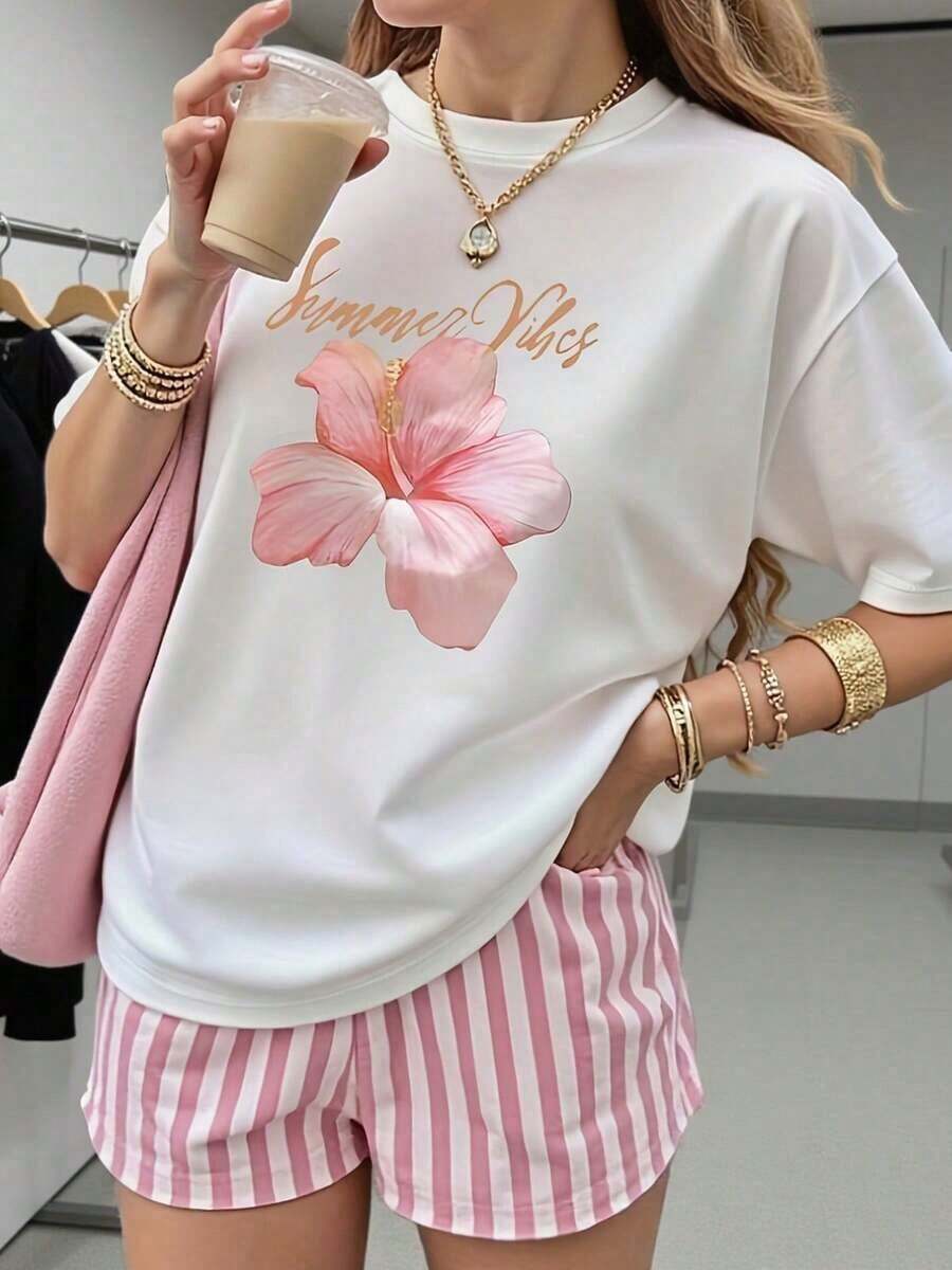 Nueva Llegada: Camiseta de Mujer de Manga Corta y Cuello Redondo, Cómoda y Práctica, con Diseño de Estampado Floral Rosa, Precio Accesible, Adecuada para las Temporadas de Primavera y Verano - Tayzi Cotton TPWR - Blanco - Ver 1