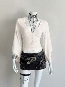 Camiseta ajustada con cuello en V profundo y mangas acampanadas sexy - Albaricoque - Ver 6