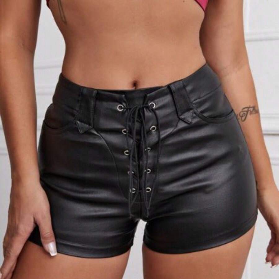 Garment Eyelets Lace Up Front Solid Shorts - Negro - Ver 1