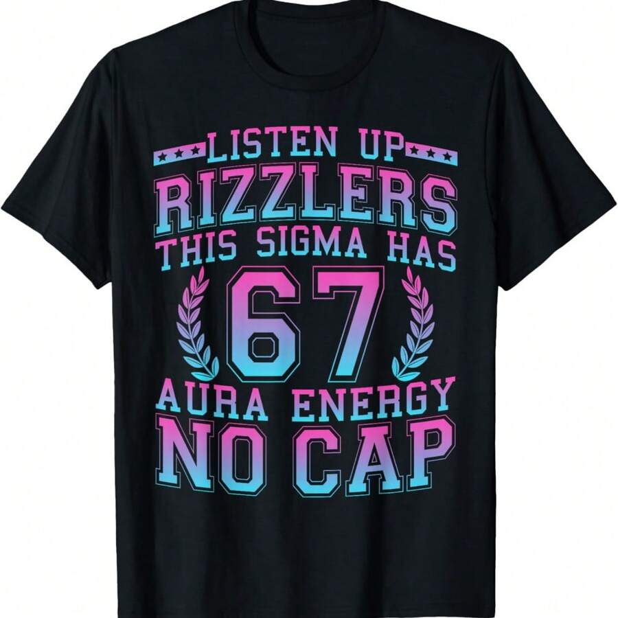 Listen Up Rizzlers This Sigma Has 67 Aura Energy Six Seven T-Shirt - 黑色 - 查看 1