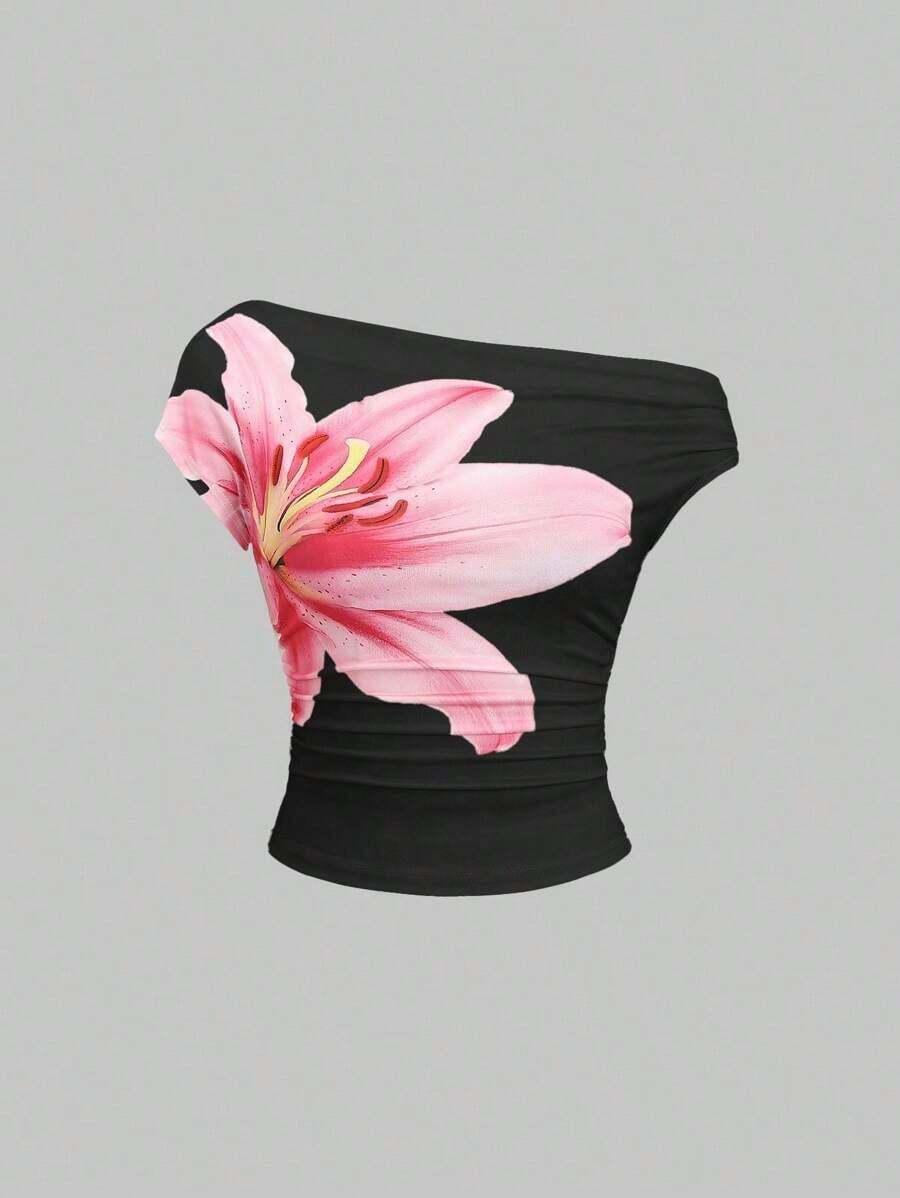 Blusa elegante de mujer con estampado floral y cuello asimétrico fruncido - Negro - Ver 1
