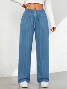 Pantalones capri de pierna ancha con textura de estilo casual de verano - Azul - Ver 4