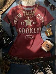 Camiseta holgada de manga corta con cuello redondo, estampado de rayas y letras en inglés de la Copa Mundial, en estilo minimalista casual y chic Y2K, para mujer - Multicolor 6 - Ver 1