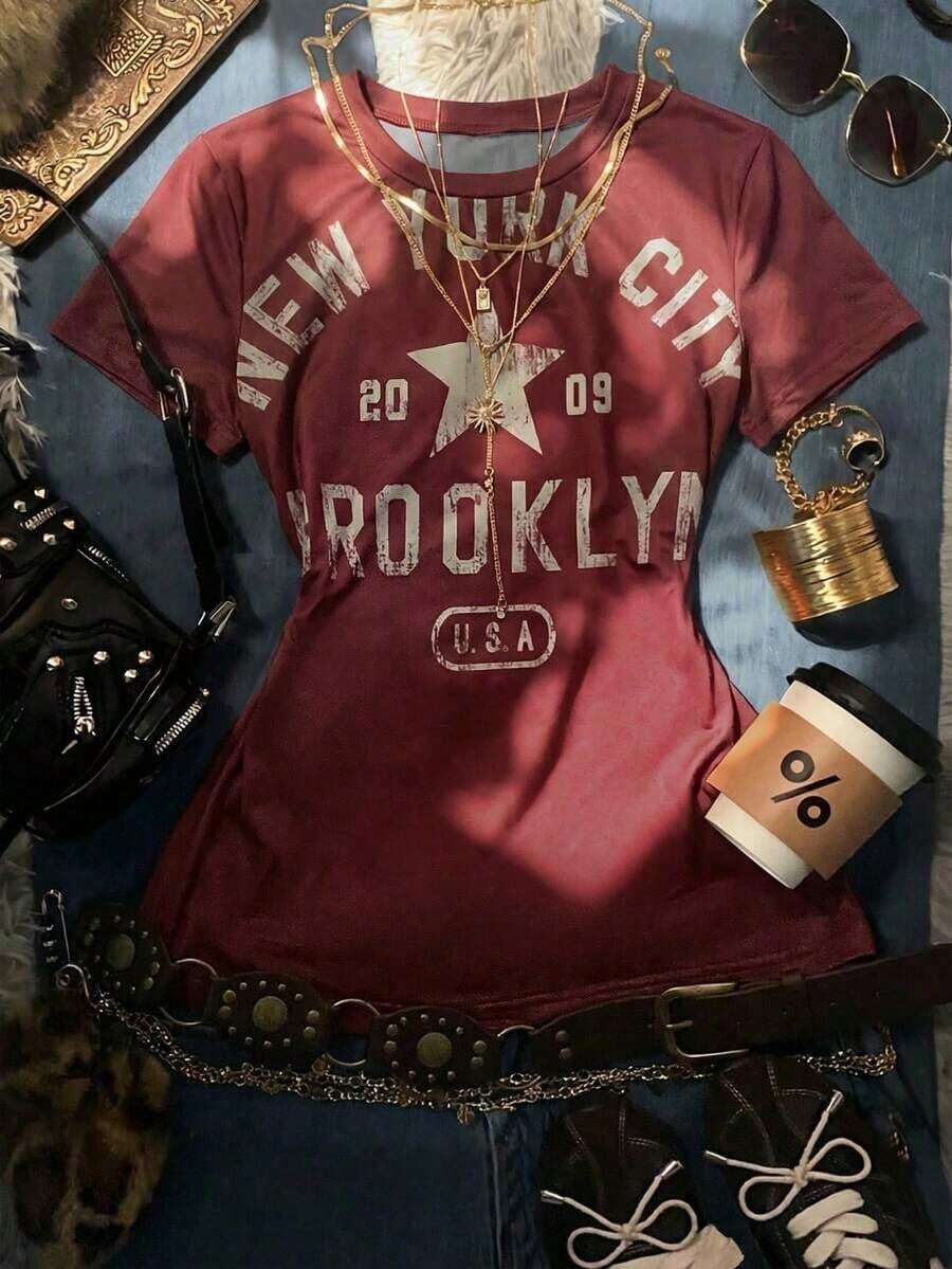 Camiseta holgada de manga corta con cuello redondo, estampado de rayas y letras en inglés de la Copa Mundial, en estilo minimalista casual y chic Y2K, para mujer - Multicolor 6 - Ver 1