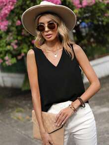 Camisa sin mangas de color sólido simple para mujer, ropa casual de vacaciones - Negro - Ver 1